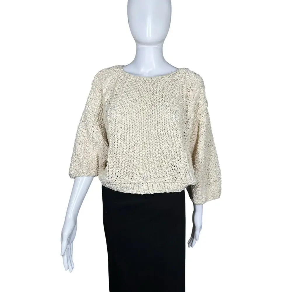 Liz Claiborne Vintage Silk Cotton Chunky Loose Knit Cream Crop Sweater Medium